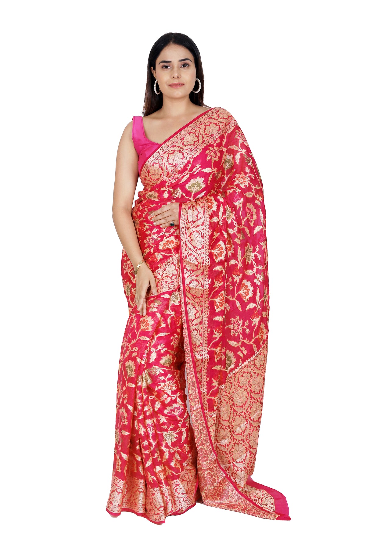 Classic Allure: Red Pure Khaddi Georgette Saree with Detailed Floral Motifs