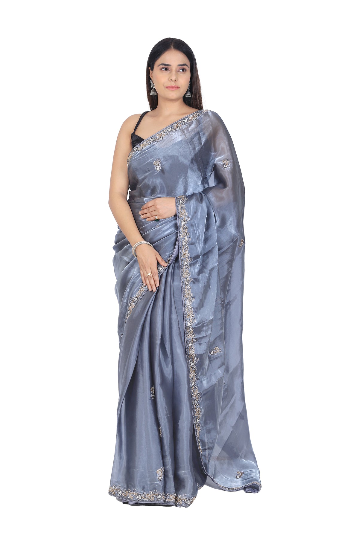 Chic Elegance: Jimmy Choo Greyish Blue Party Saree