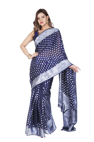 Classic Splendor: Dark Blue Banarasi Cotton Silk Saree with Detailed Border and Pallu