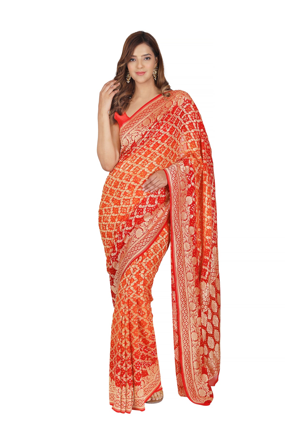 Radiant Fusion: Pure Khaddi Georgette Red & Orange Bandhej Handloom Saree