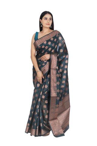 Mystic Elegance: Blackish Green Banarasi Cotton Silk Saree with Exquisite Border and Pallu