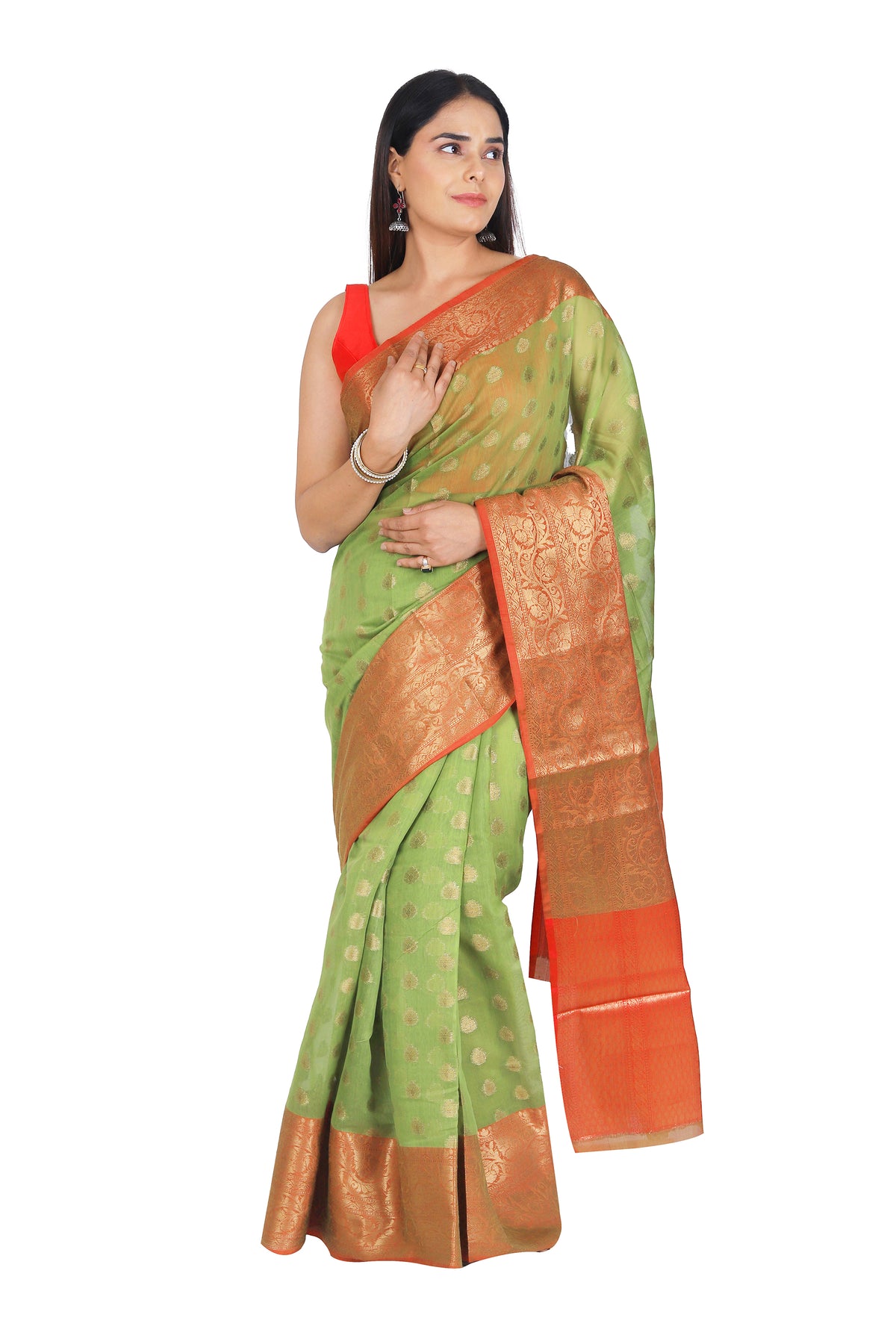 Parrot Green Banarasi Silk Saree with Striking Red Pallu