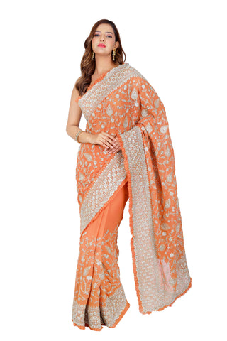 Designer Delight: Orange Georgette Saree with Exquisite Embroidery