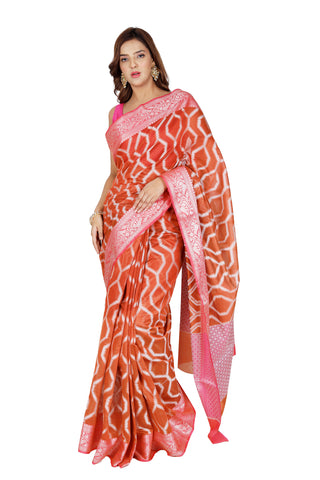 Bold Splendor: Dark Orange Chanderi Cotton Silk Saree with Magenta Zari Border