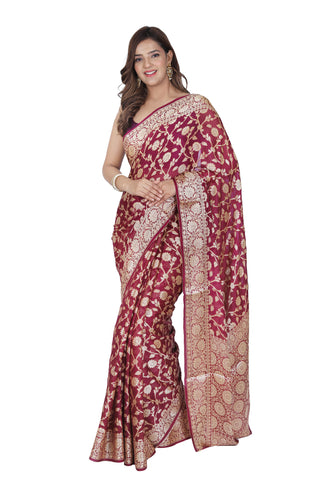 Rustic Elegance: Brownish Red Pre Khaddi Georgette Saree