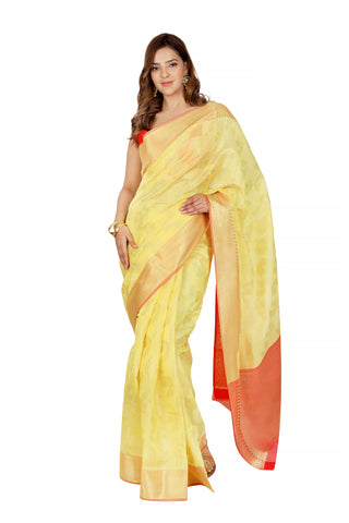 Sunlit Splendor: Yellow Chanderi Cotton Silk Saree with Red Golden Border