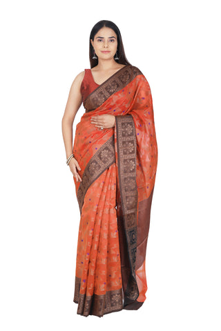 Classic Beauty: Red Banarasi Cotton Silk Saree with Rich Brown Border