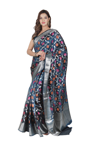 Sophisticated Allure: Dark Blue Pure Silk Saree