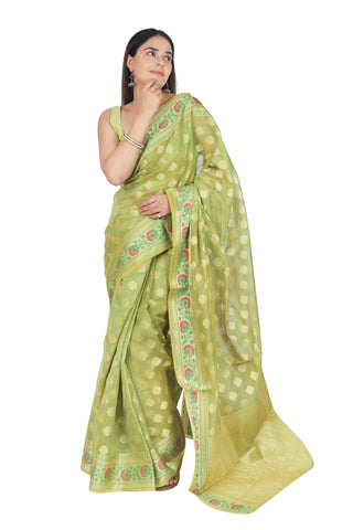 Parrot Green Maheshwari Banarasi Cotton Silk Saree