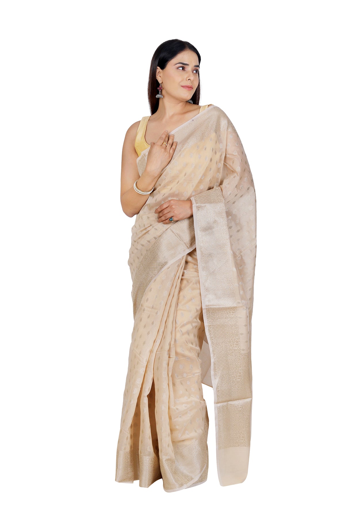 Classic Charm: Beige Banarasi Cotton Saree with Ornate Border