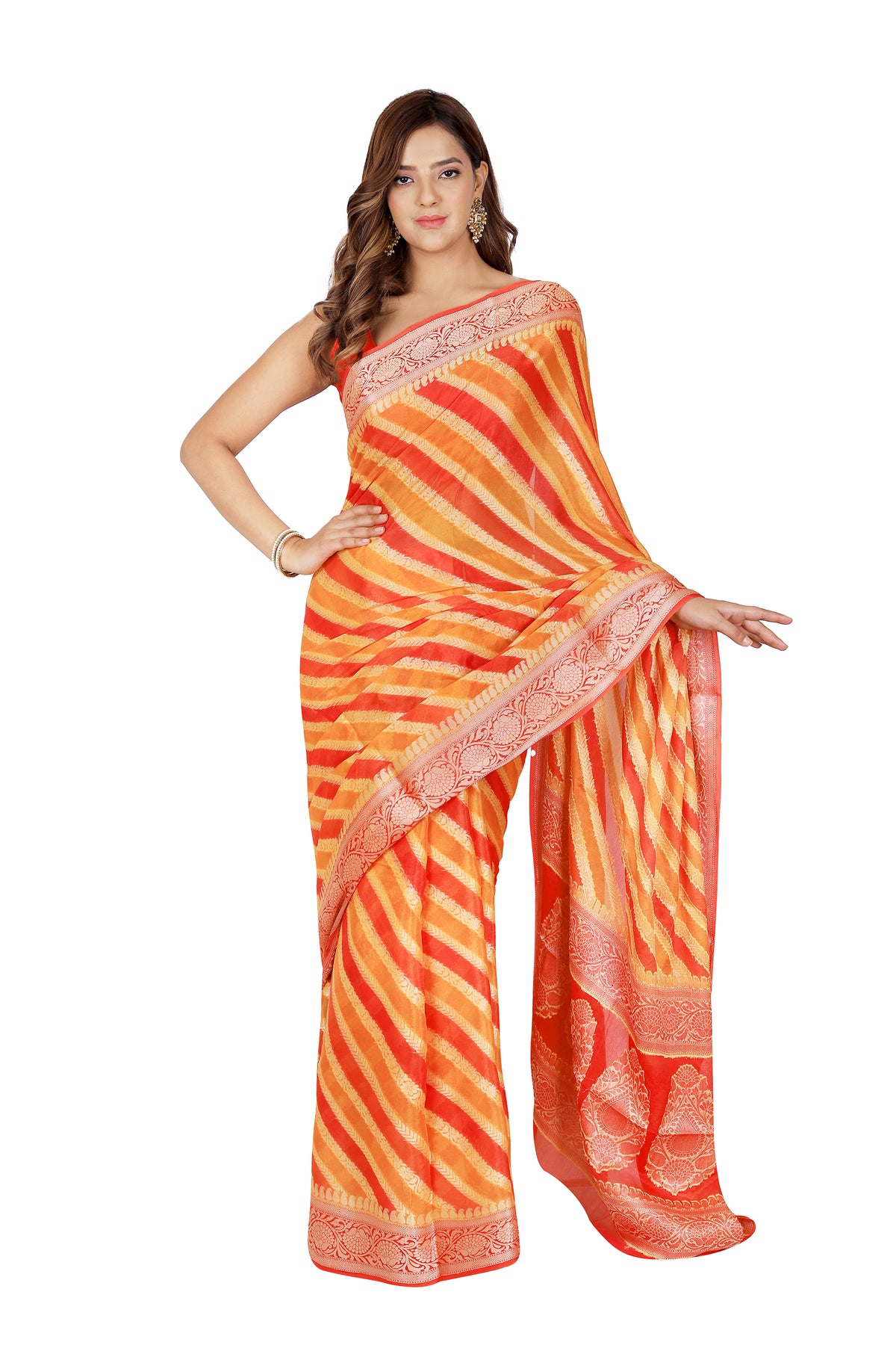 Opulent Heritage: Pure Rangkat Khaddi Yellow & Red Georgette Saree with Golden Red Zari Border