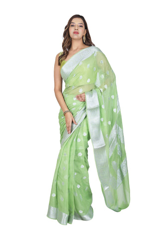 Classic Allure: Light Parrot Green Pure Khaddi Georgette Saree with Silver Border and Beautiful Pallu