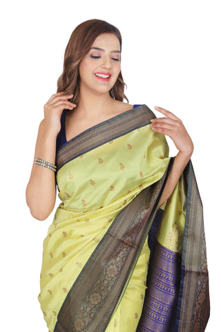 Yellow Banarasi Soft Silk Saree with Striking Black Zari Border