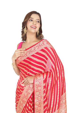 Red Pure Khaddi Georgette Saree with Classic Leheriya Design