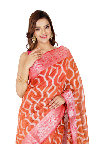 Bold Splendor: Dark Orange Chanderi Cotton Silk Saree with Magenta Zari Border