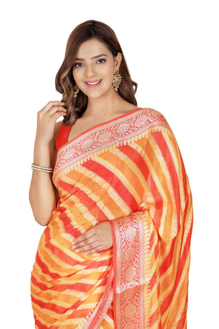 Opulent Heritage: Pure Rangkat Khaddi Yellow & Red Georgette Saree with Golden Red Zari Border