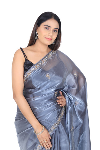 Chic Elegance: Jimmy Choo Greyish Blue Party Saree