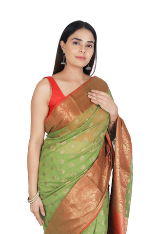 Parrot Green Banarasi Silk Saree with Striking Red Pallu