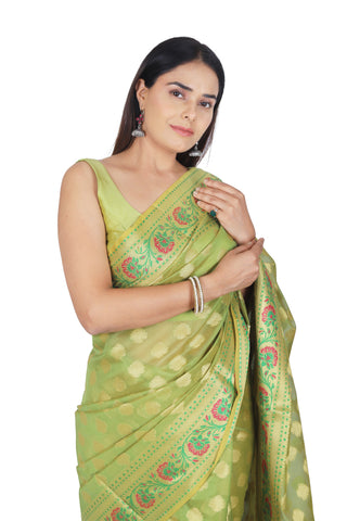 Parrot Green Maheshwari Banarasi Cotton Silk Saree