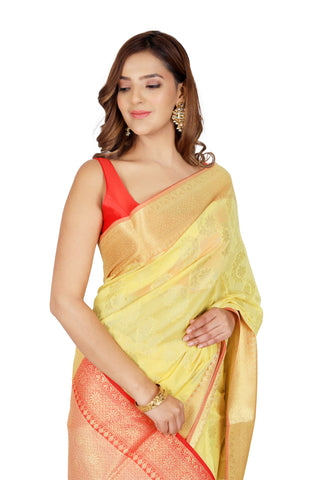 Sunlit Splendor: Yellow Chanderi Cotton Silk Saree with Red Golden Border