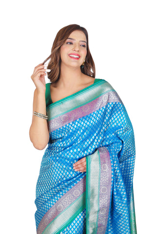 Harmonious Beauty: Blue and Green Banarasi Semi-Silk Saree