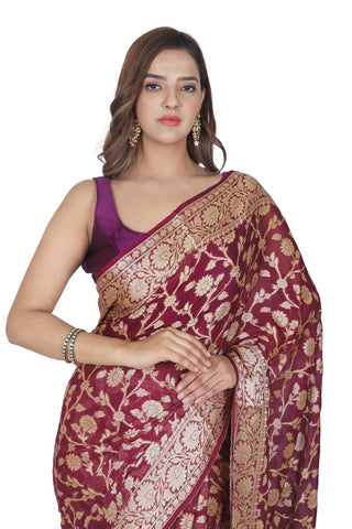 Rustic Elegance: Brownish Red Pre Khaddi Georgette Saree