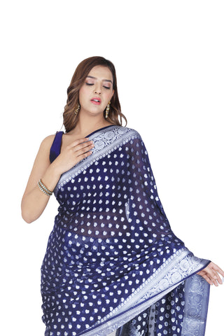 Classic Splendor: Dark Blue Banarasi Cotton Silk Saree with Detailed Border and Pallu