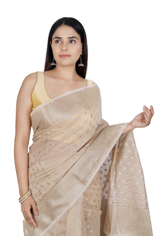 Classic Charm: Beige Banarasi Cotton Saree with Ornate Border