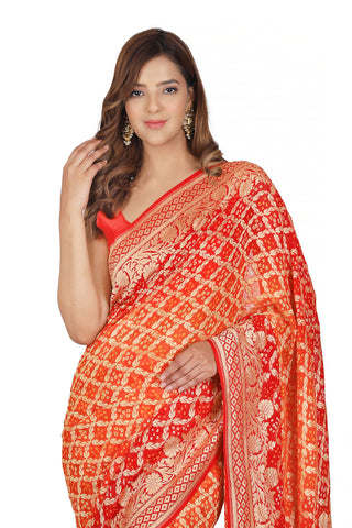 Radiant Fusion: Pure Khaddi Georgette Red & Orange Bandhej Handloom Saree