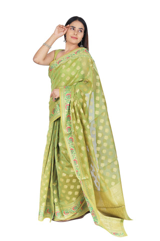 Parrot Green Maheshwari Banarasi Cotton Silk Saree