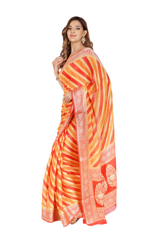 Opulent Heritage: Pure Rangkat Khaddi Yellow & Red Georgette Saree with Golden Red Zari Border