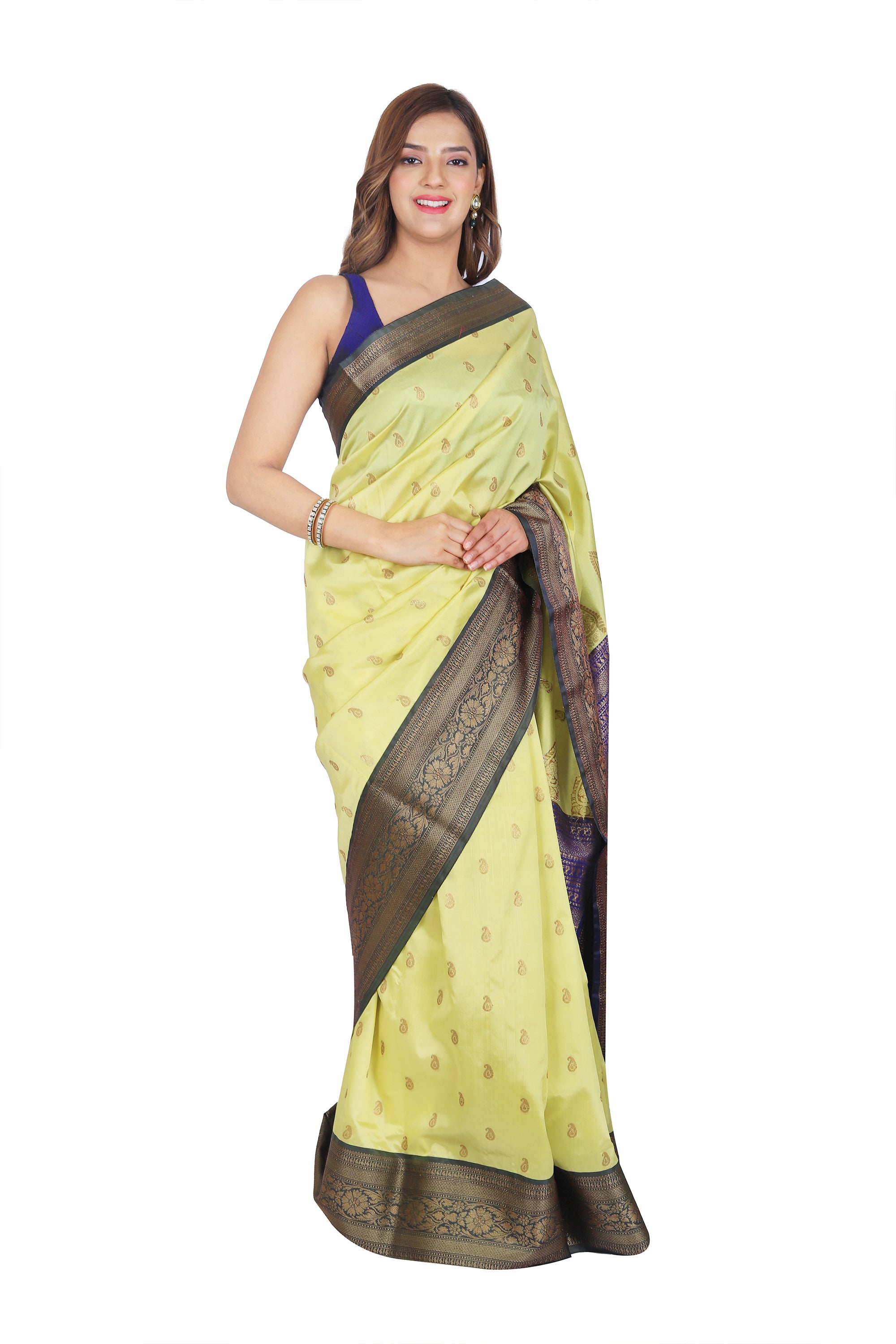 Yellow Banarasi Soft Silk Saree with Striking Black Zari Border