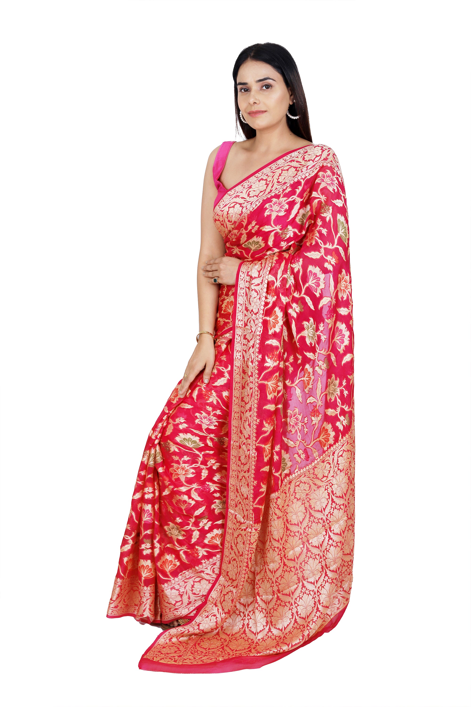 Classic Allure: Red Pure Khaddi Georgette Saree with Detailed Floral Motifs