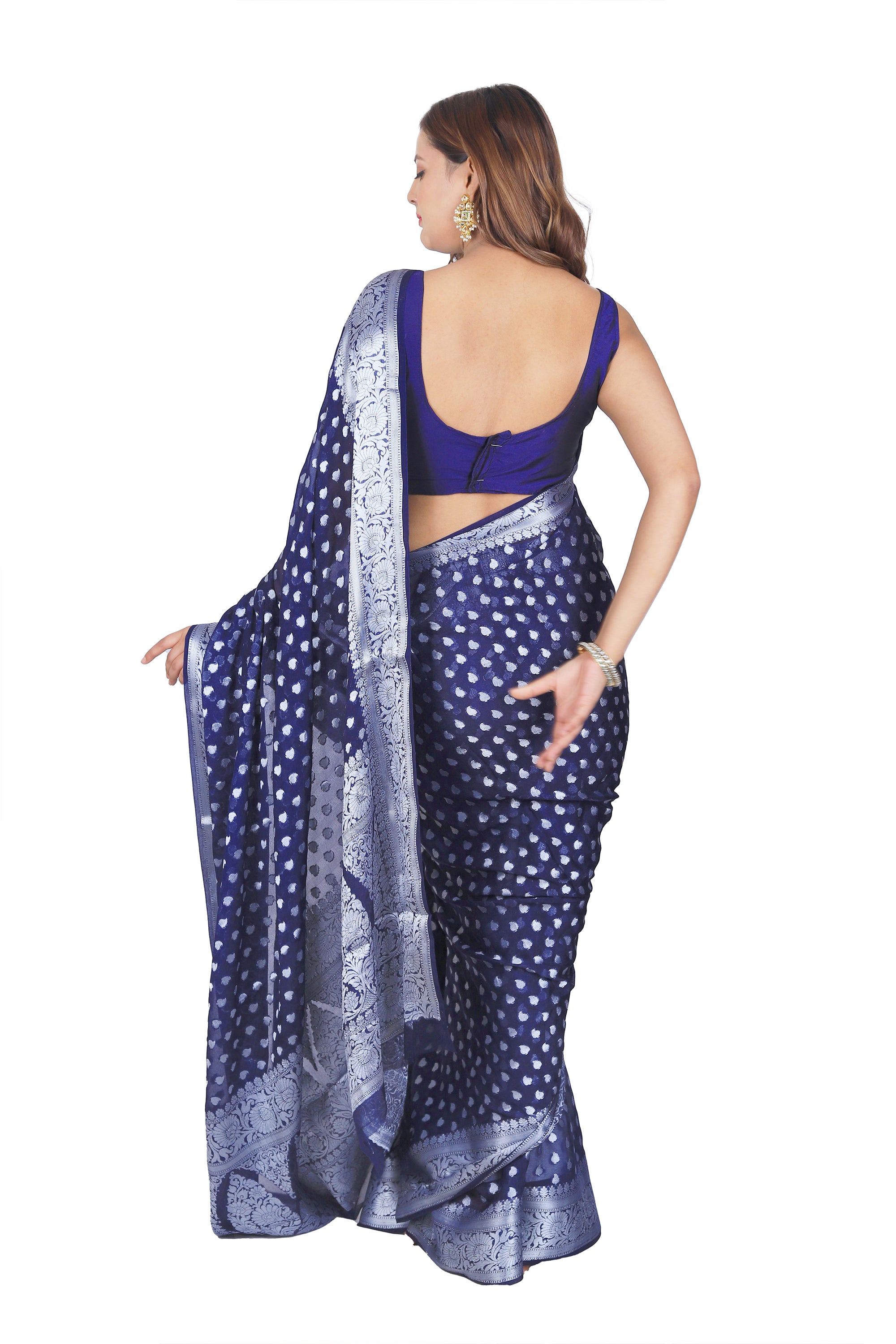 Classic Splendor: Dark Blue Banarasi Cotton Silk Saree with Detailed Border and Pallu