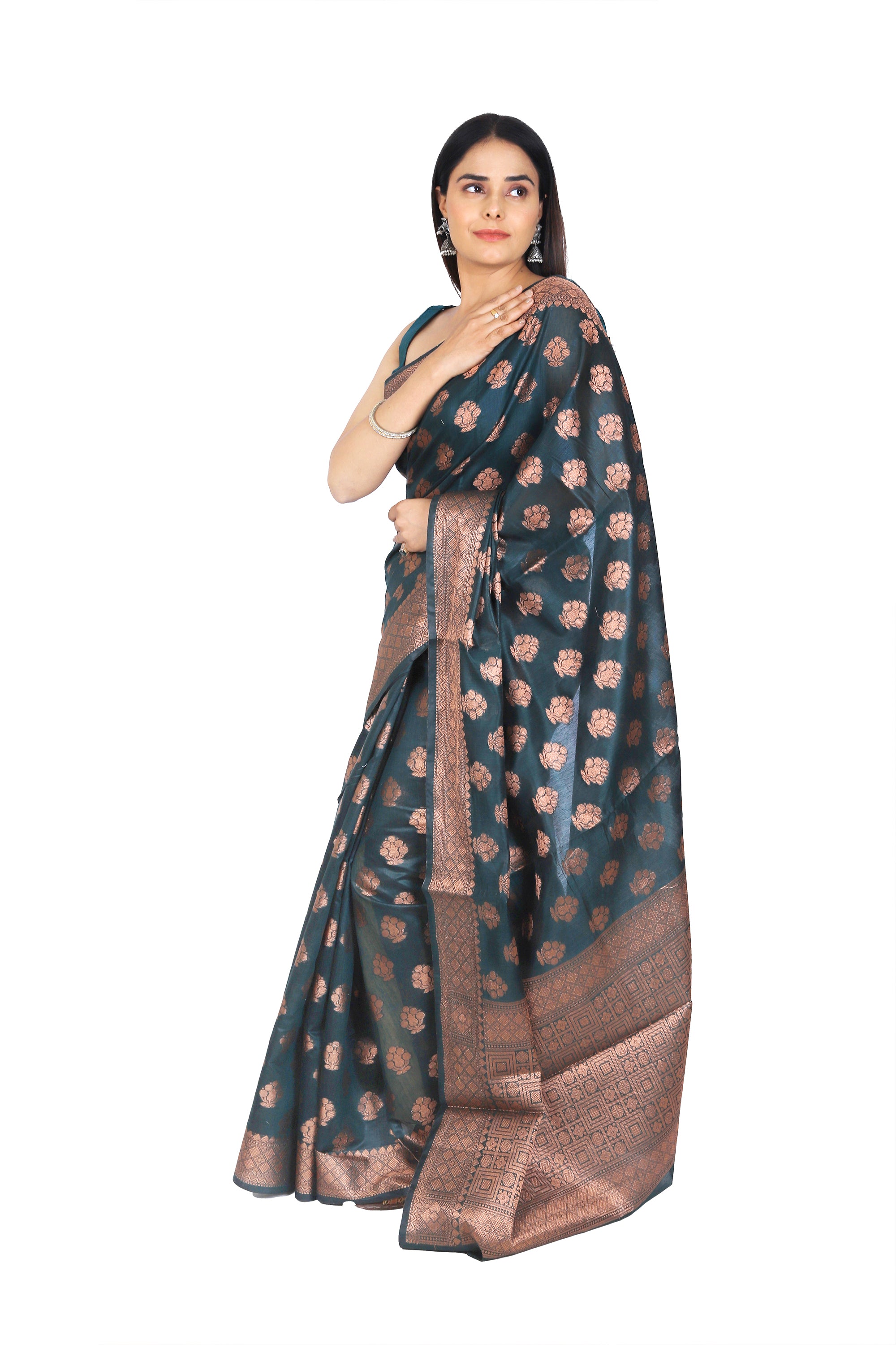 Mystic Elegance: Blackish Green Banarasi Cotton Silk Saree with Exquisite Border and Pallu