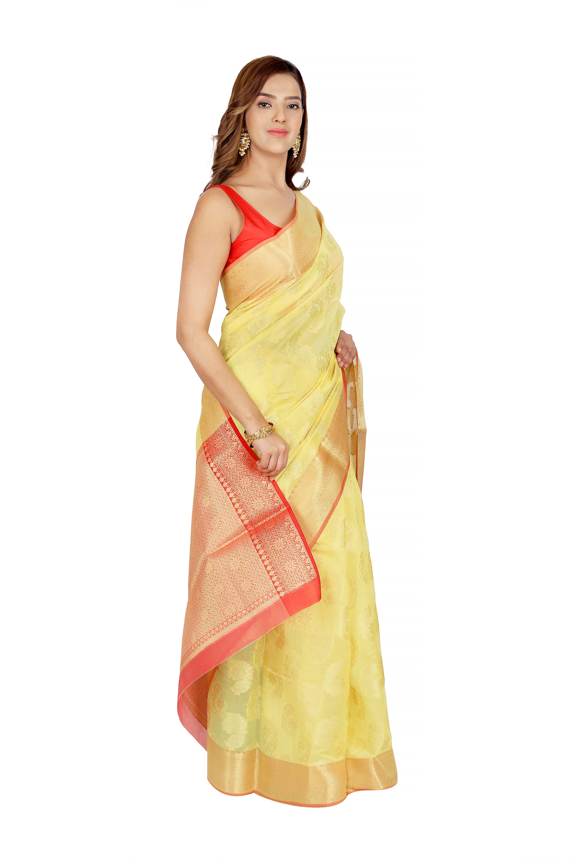 Sunlit Splendor: Yellow Chanderi Cotton Silk Saree with Red Golden Border