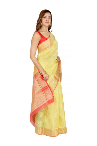 Sunlit Splendor: Yellow Chanderi Cotton Silk Saree with Red Golden Border