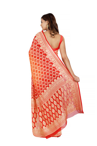 Radiant Fusion: Pure Khaddi Georgette Red & Orange Bandhej Handloom Saree