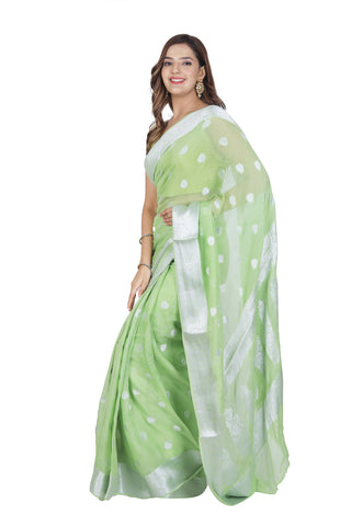 Classic Allure: Light Parrot Green Pure Khaddi Georgette Saree with Silver Border and Beautiful Pallu