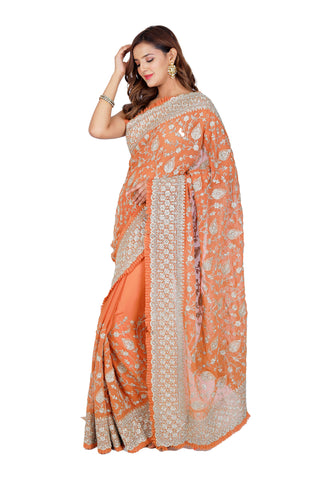 Designer Delight: Orange Georgette Saree with Exquisite Embroidery