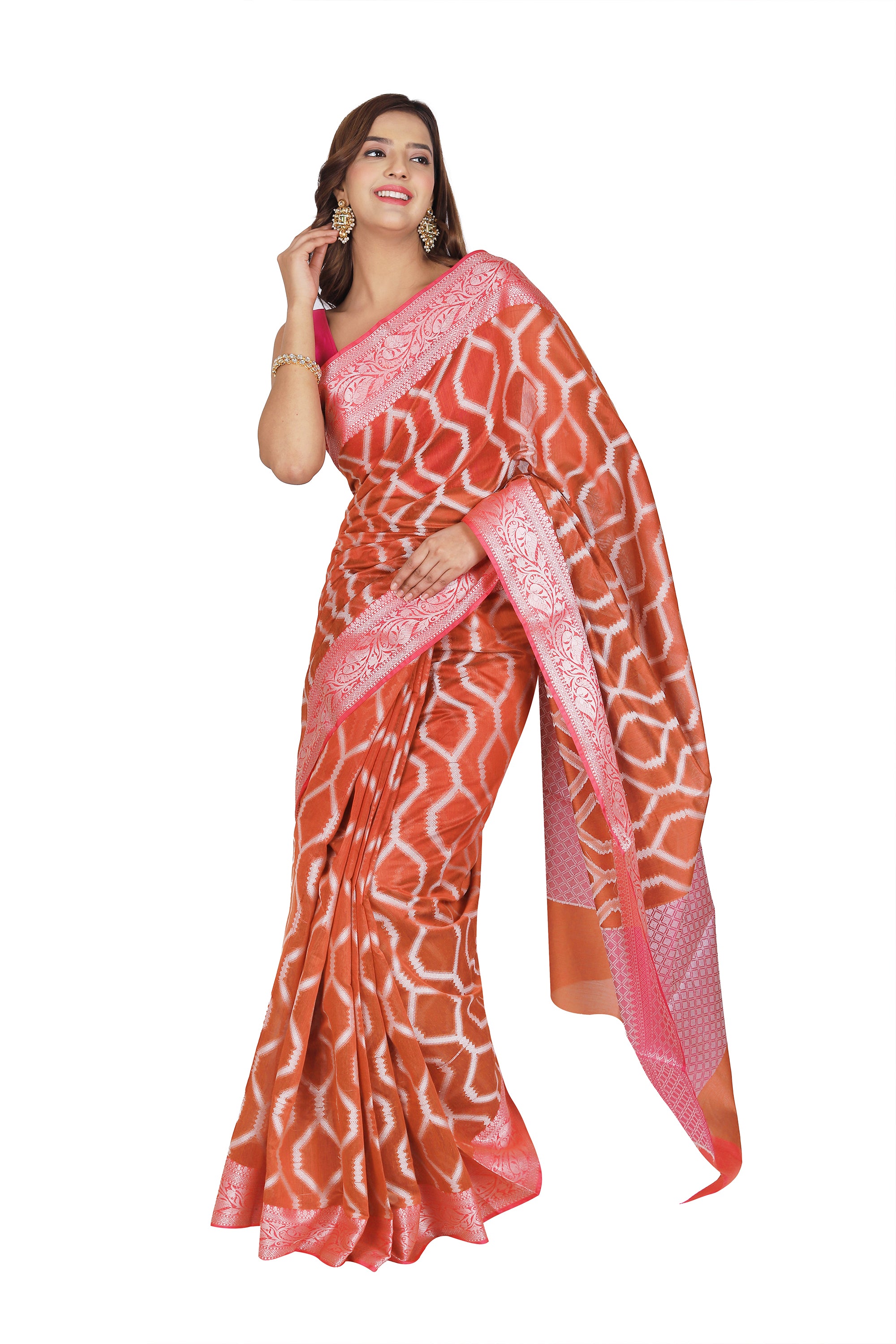 Bold Splendor: Dark Orange Chanderi Cotton Silk Saree with Magenta Zari Border