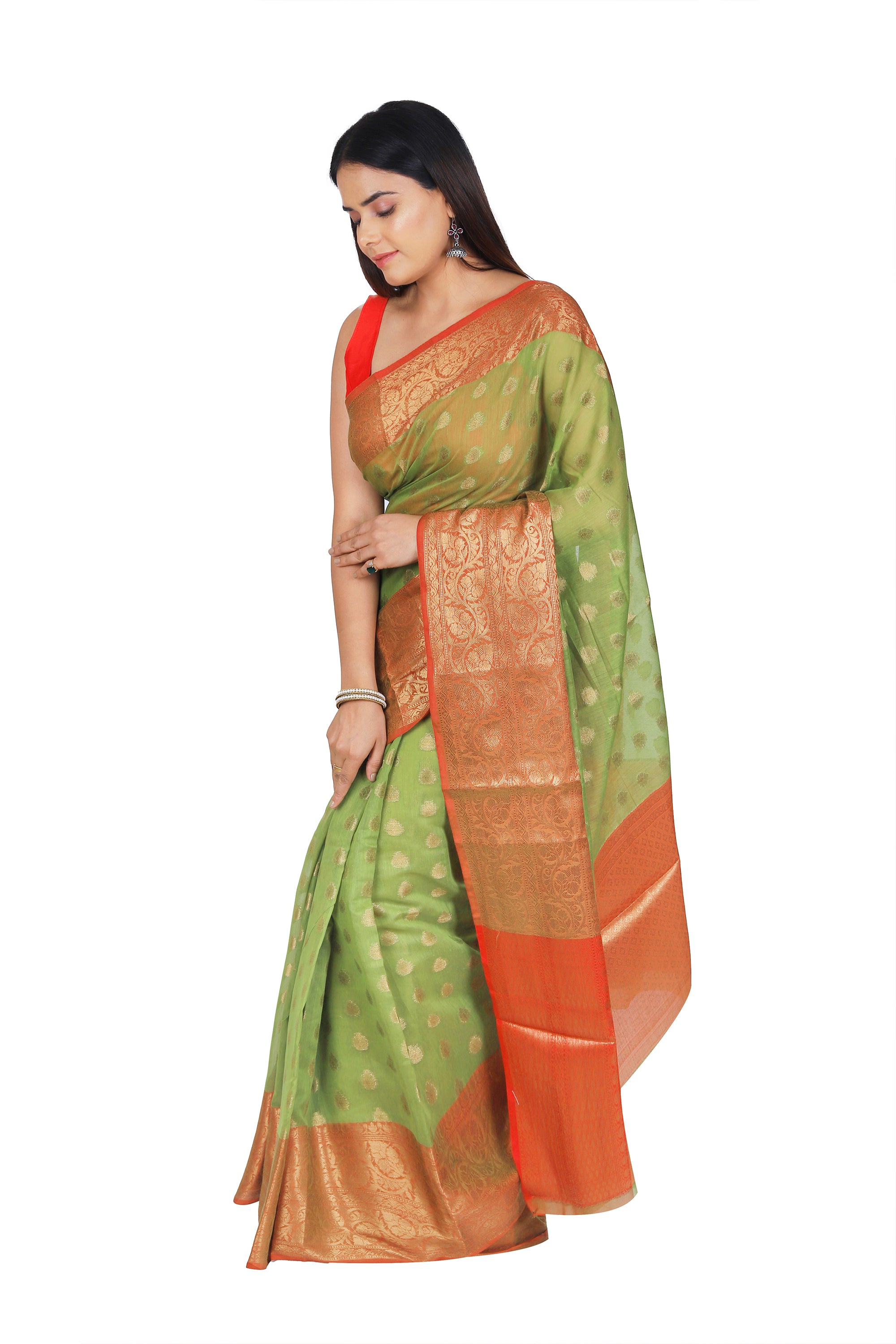 Parrot Green Banarasi Silk Saree with Striking Red Pallu