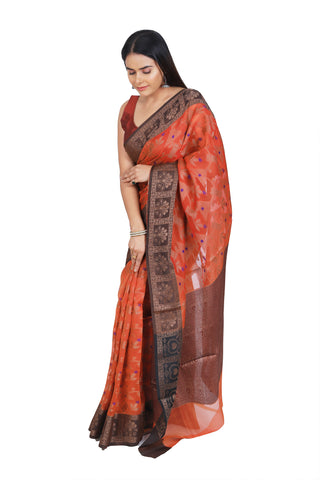 Classic Beauty: Red Banarasi Cotton Silk Saree with Rich Brown Border