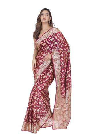 Rustic Elegance: Brownish Red Pre Khaddi Georgette Saree