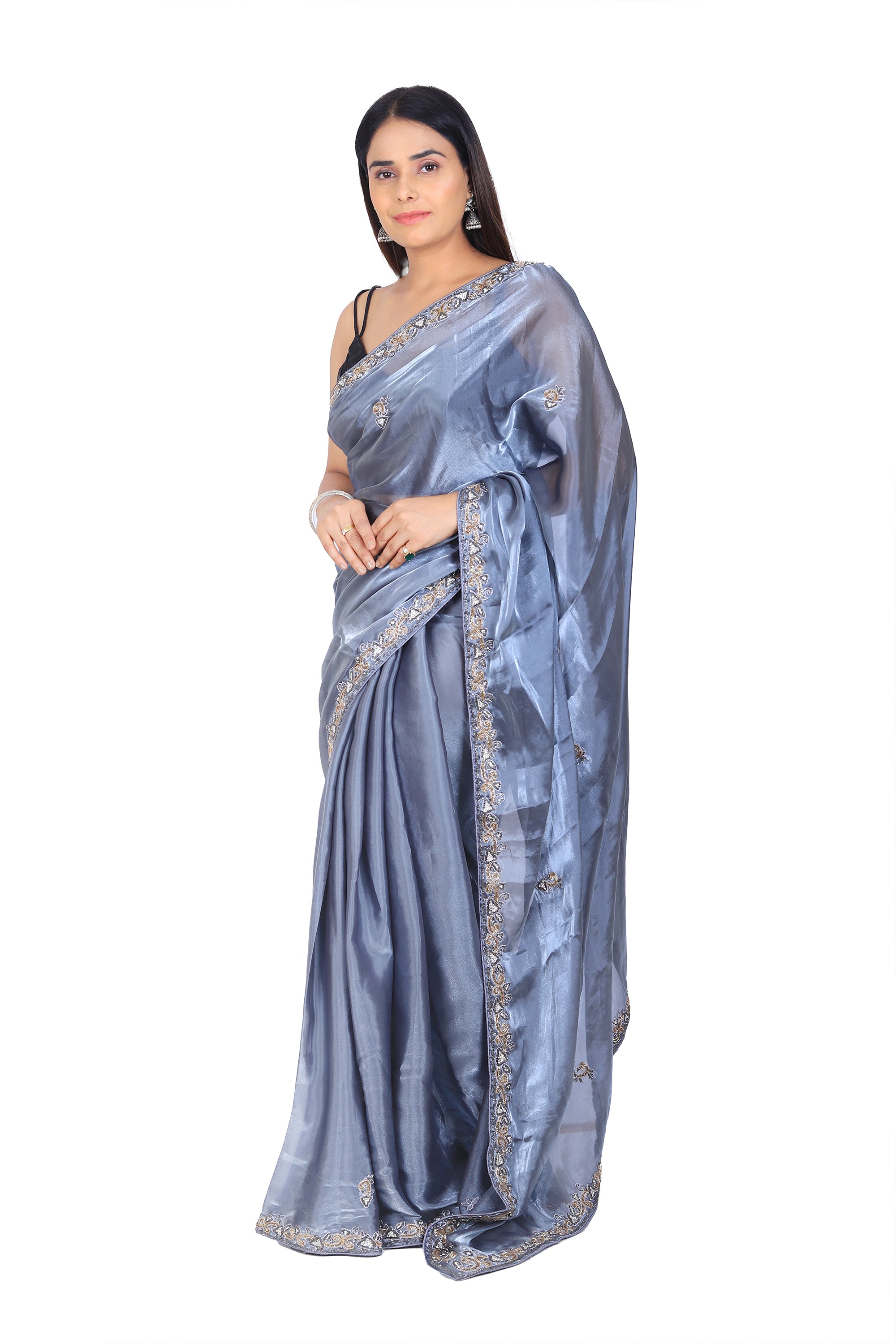 Chic Elegance: Jimmy Choo Greyish Blue Party Saree