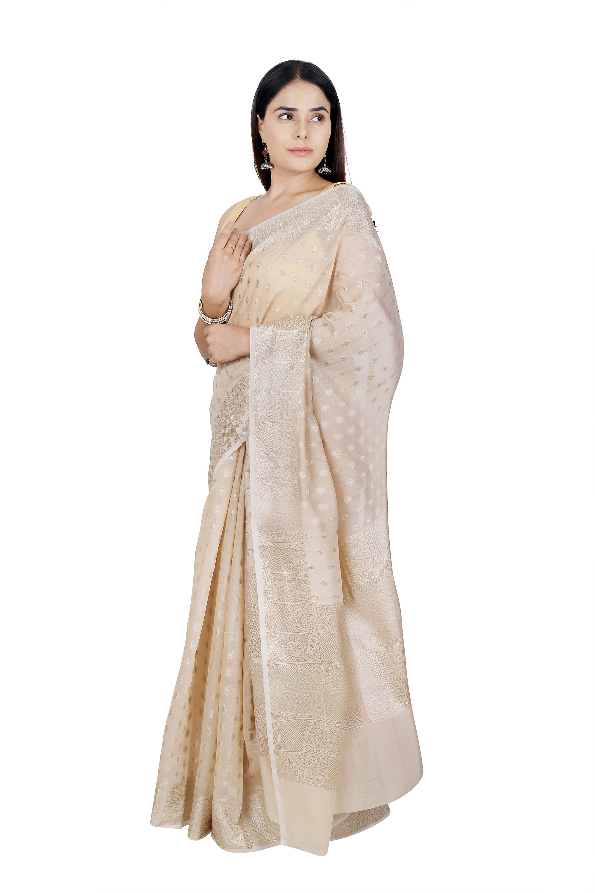 Classic Charm: Beige Banarasi Cotton Saree with Ornate Border