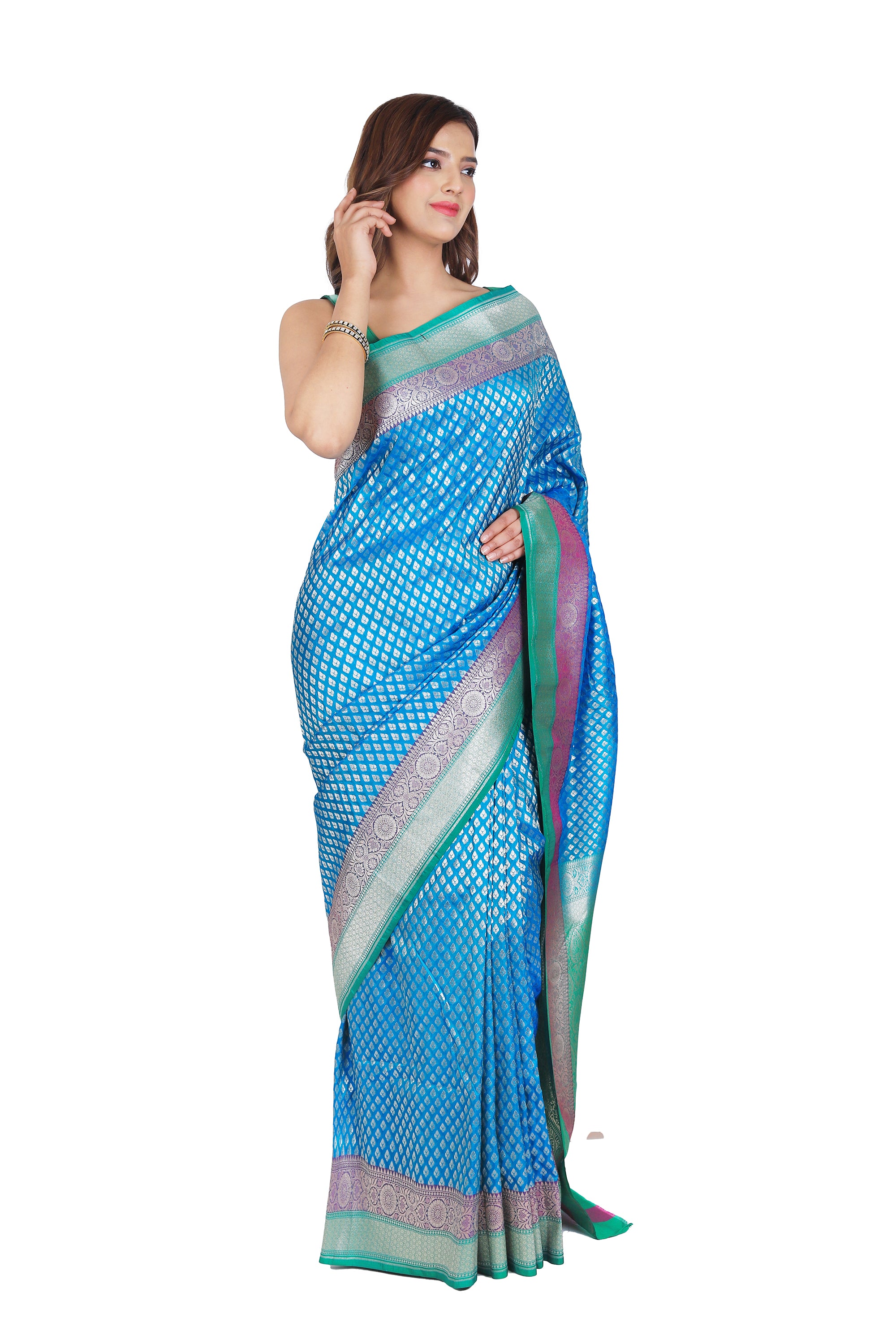 Harmonious Beauty: Blue and Green Banarasi Semi-Silk Saree