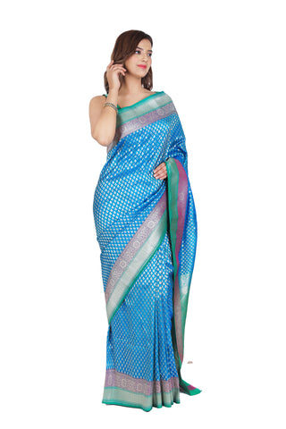 Harmonious Beauty: Blue and Green Banarasi Semi-Silk Saree