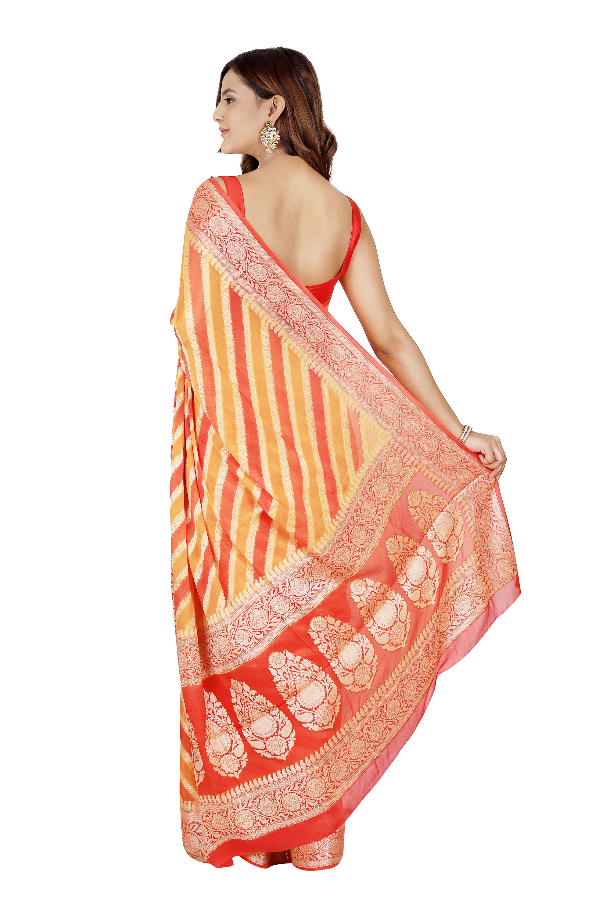 Opulent Heritage: Pure Rangkat Khaddi Yellow & Red Georgette Saree with Golden Red Zari Border