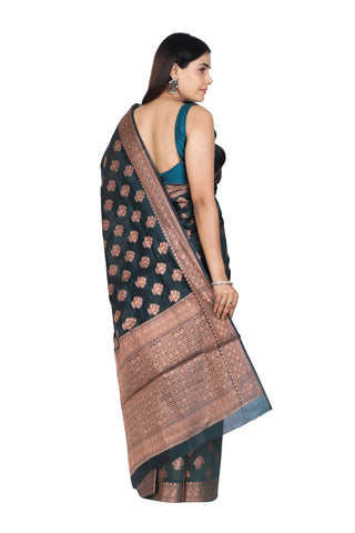 Mystic Elegance: Blackish Green Banarasi Cotton Silk Saree with Exquisite Border and Pallu